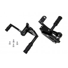 Black billet forward control kit includes rubber belted foot pegs, shift side, and brake side with 3/4" bore master cylinder.