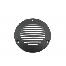 Grooved 3-hole derby cover features cast aluminum construction and a black finish with chrome highlights.